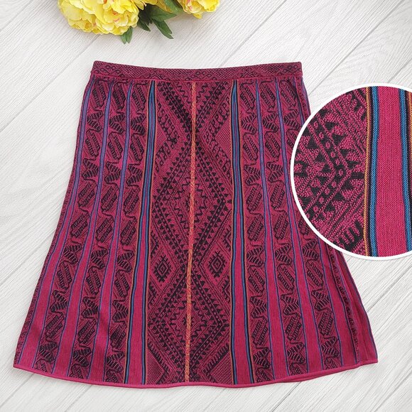 Red Knit Skirt Aztec Midi A-Line Pima Cotton Stretch Fall XL Peruvian Connection - Picture 1 of 9